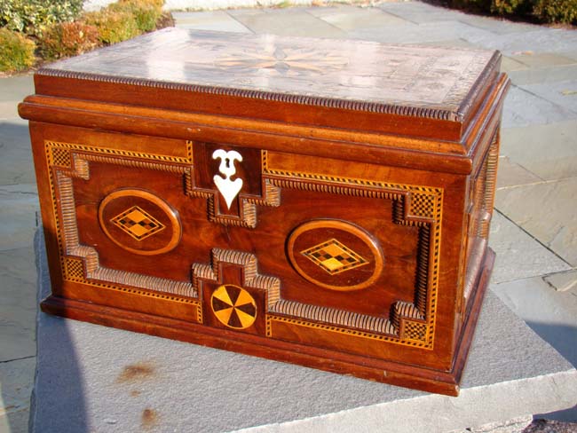 A FABULOUS 19th century British sailor-made walnut chest with applied moldings, fruitwood inlays and a whalebone keyhole escutcheon circa 1865-1880. — image 3